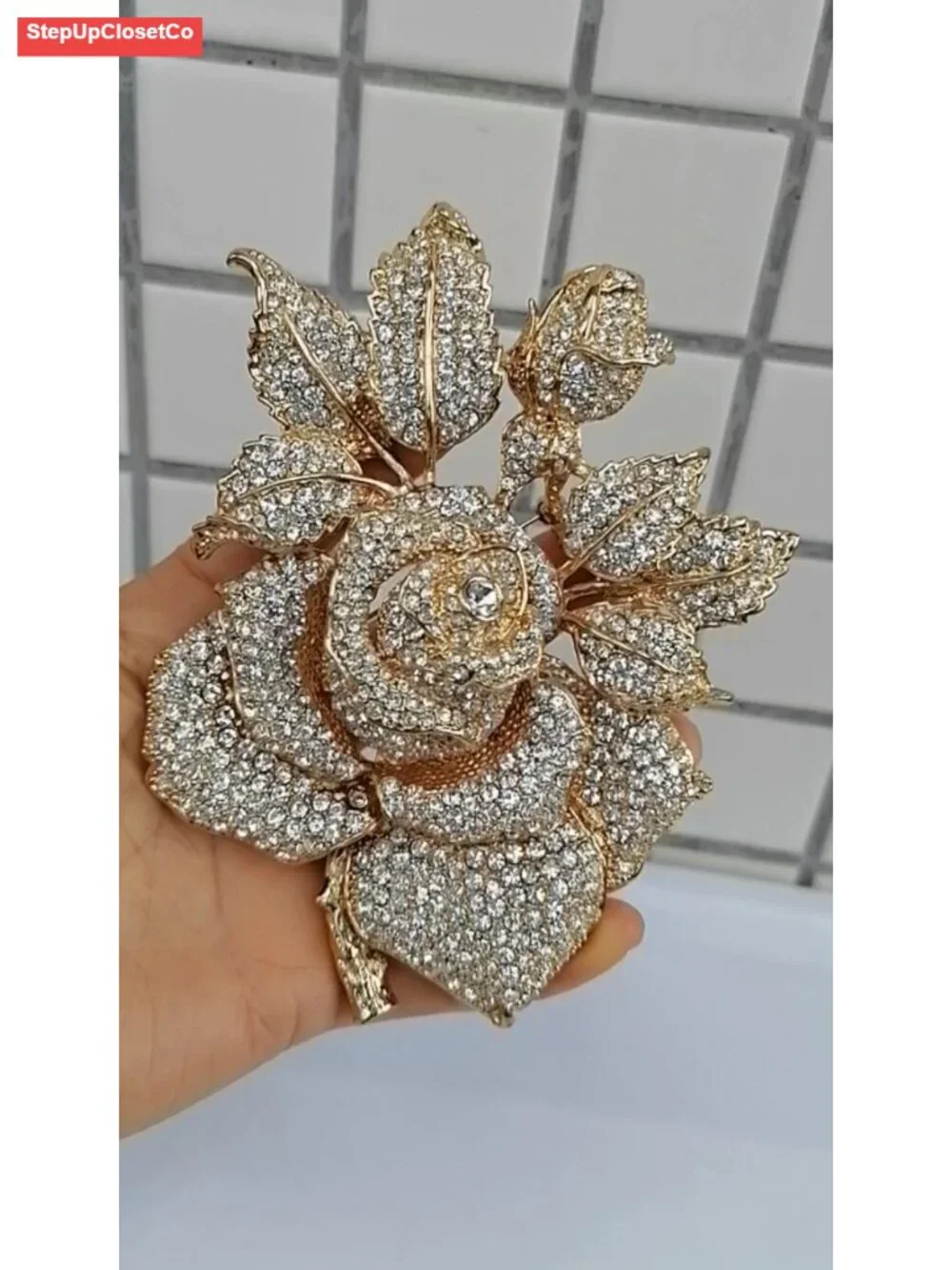 Large Wedding Rose Brooch Pin Austrian Crystal Pendant Rhinestone 5.32
